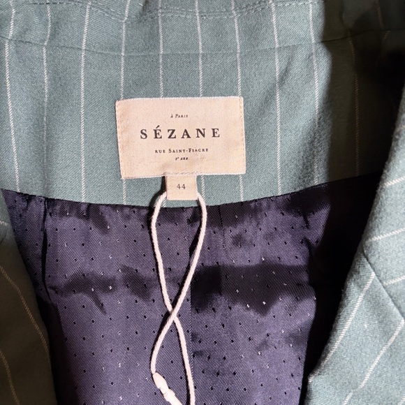 Sezane Christie Blazer Jacket Sage Green Ecru Pinstripe - Picture 7 of 12